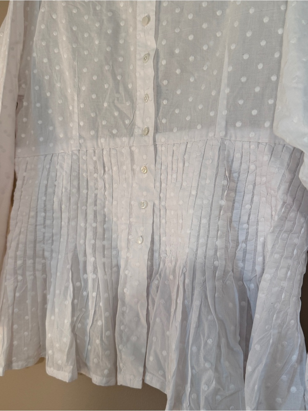 Krista Larson large white button down blouse polka dot adjustable one size - Picture 4 of 8